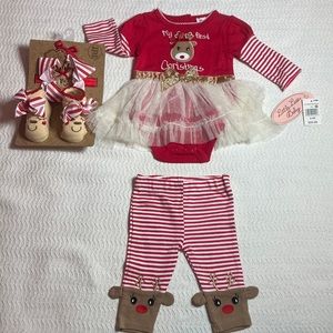 3-6m Christmas SET NEW Baby Girl Reindeer Outfit w/ Headband & Booties